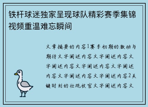 铁杆球迷独家呈现球队精彩赛季集锦视频重温难忘瞬间