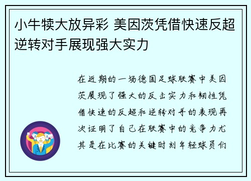 小牛犊大放异彩 美因茨凭借快速反超逆转对手展现强大实力