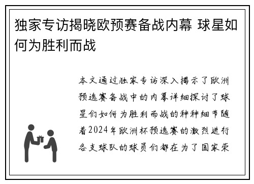 独家专访揭晓欧预赛备战内幕 球星如何为胜利而战 独家专访揭晓欧预赛备战内幕 球星如何为胜利而战
